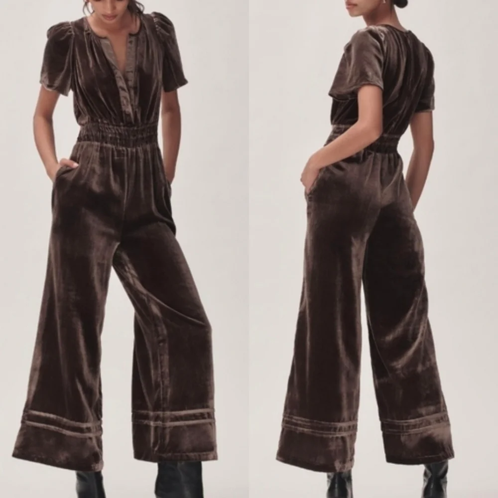 $188 Anthropologie Somerset Jumpsuit Velvet Short Sleeve Wide Leg Brown Gold M - Picture 1 of 11